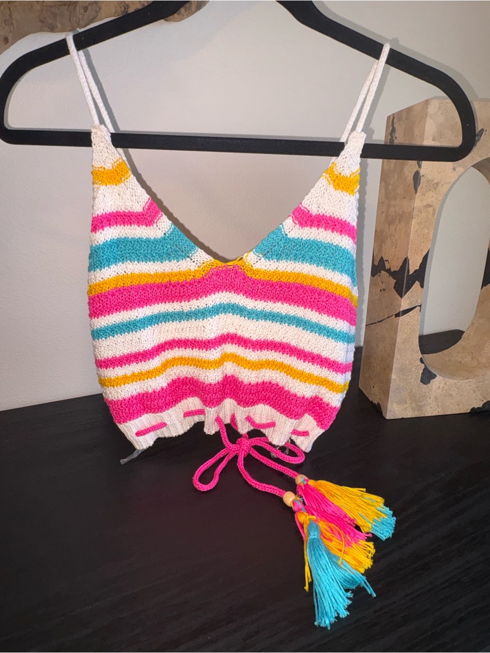 Striped Crochet Drawstring Crop Top in Pink, Teal, Yellow & White